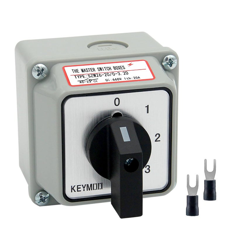 Keymoo 20A Black Rotary Changeover Switch with Box, 3-Way 1 NO 1 NC, 660V 8 Terminals, Universal Selector Switch with Fork Terminals, IP65 (4 Positions 2 Poles - Black - Image 1